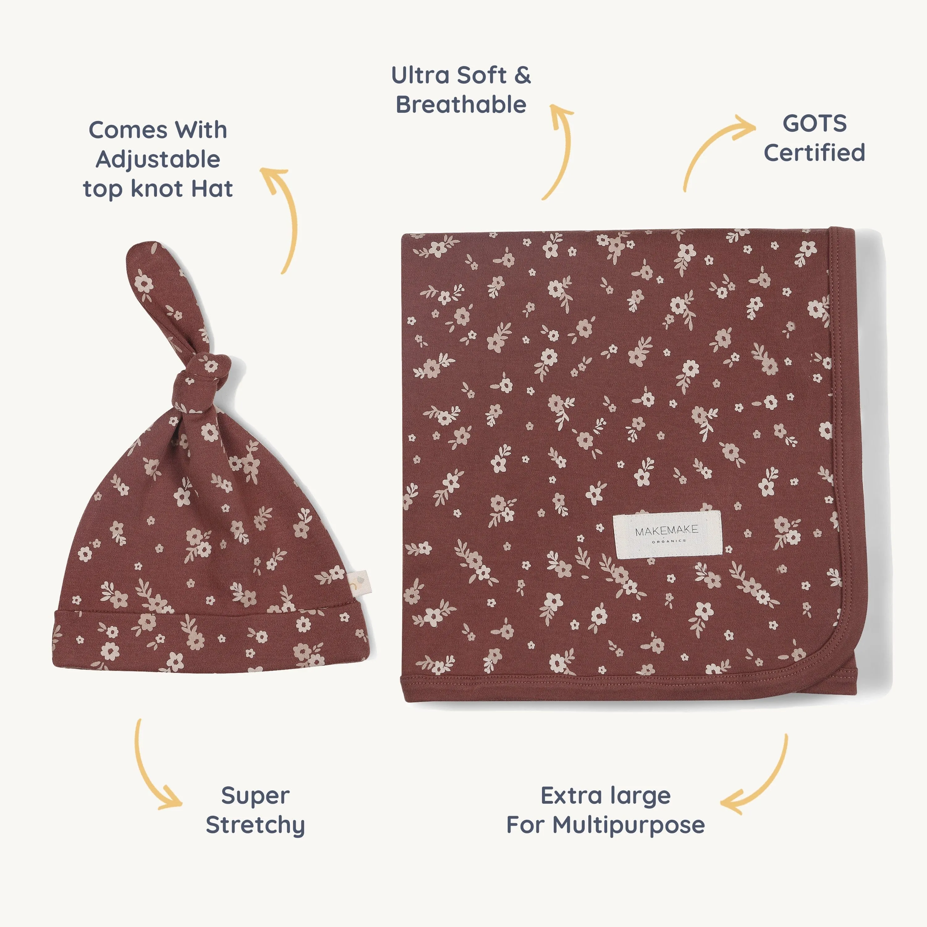 Organic Swaddle Blanket & Hat | Winter Bloom