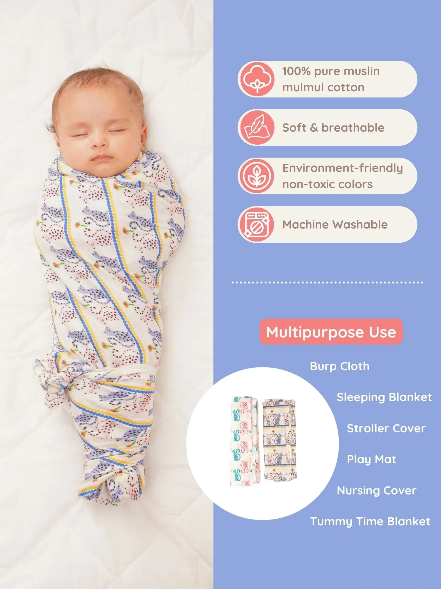 Pals Cotton Muslin Swaddle Wrap for New Born (Pack of 2)