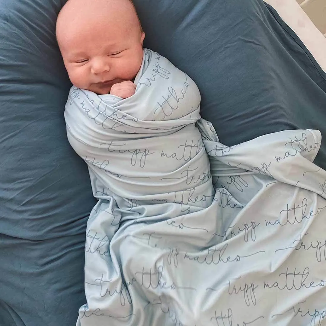 Personalized Light Dusty Blue Baby Name Swaddle Blanket - Script