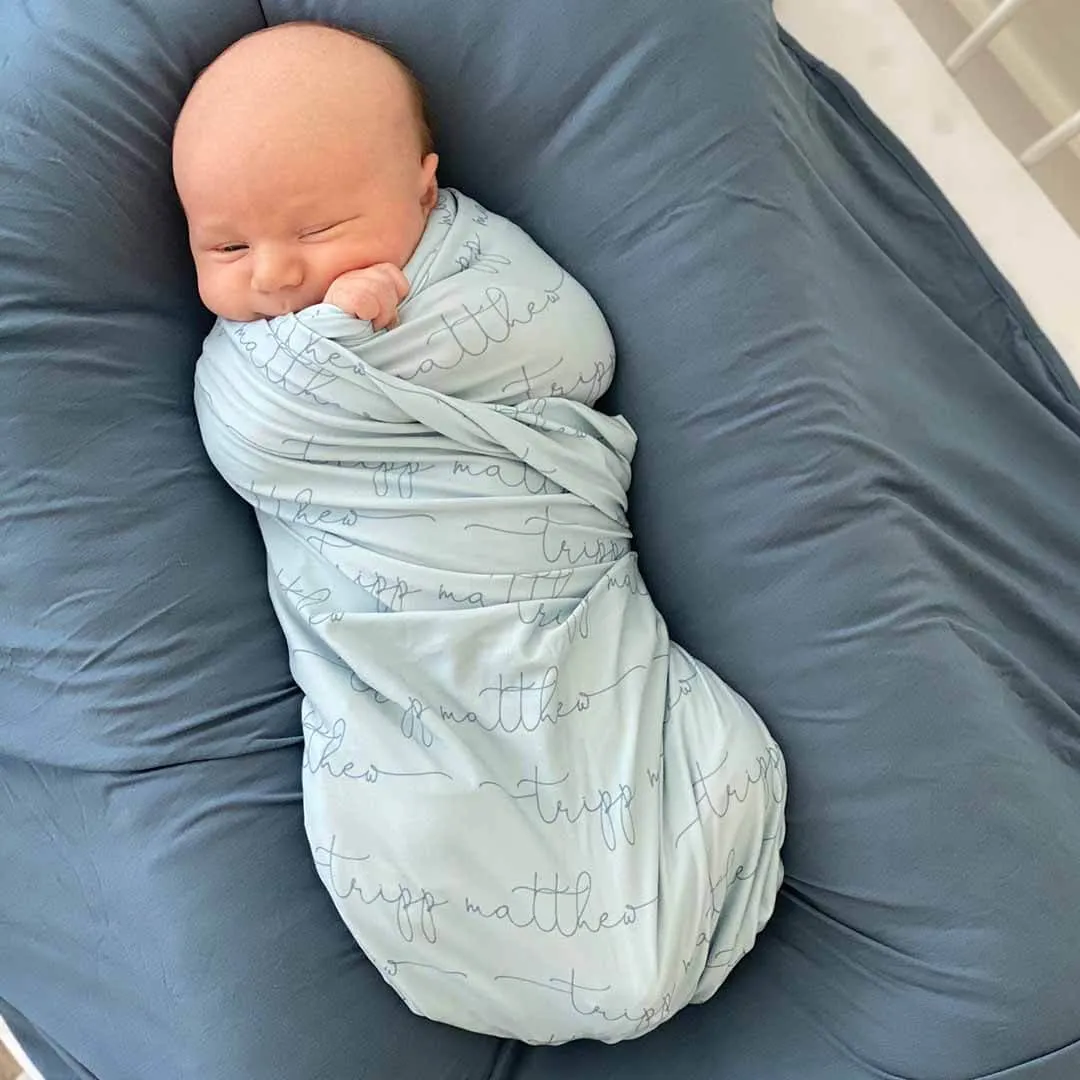 Personalized Light Dusty Blue Baby Name Swaddle Blanket - Script