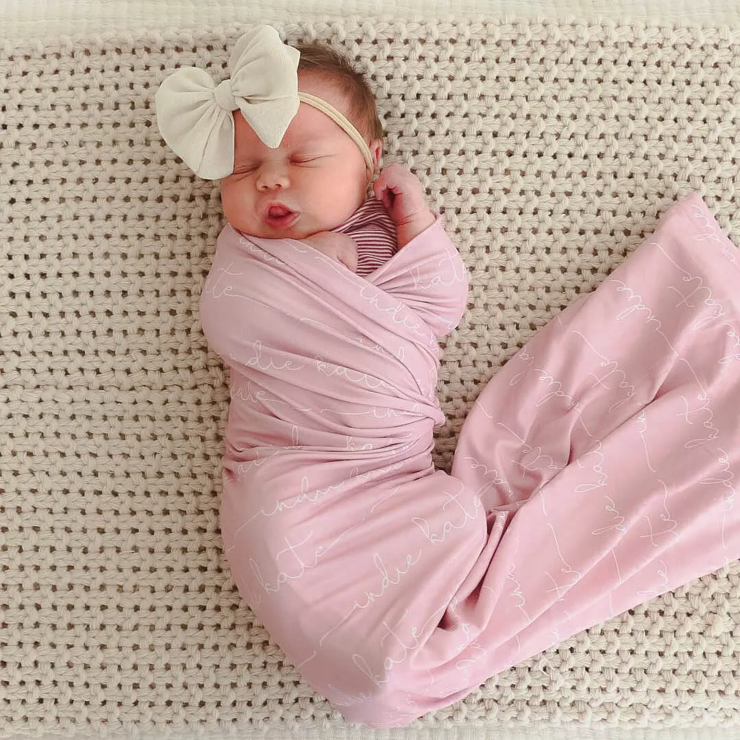 Personalized Solid Light Rose Baby Name Swaddle Blanket - Script