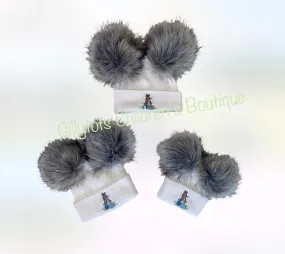 Peter Rabbit Baby Boys luxury faux fur Double Pom Pom Hat - White/ grey poms