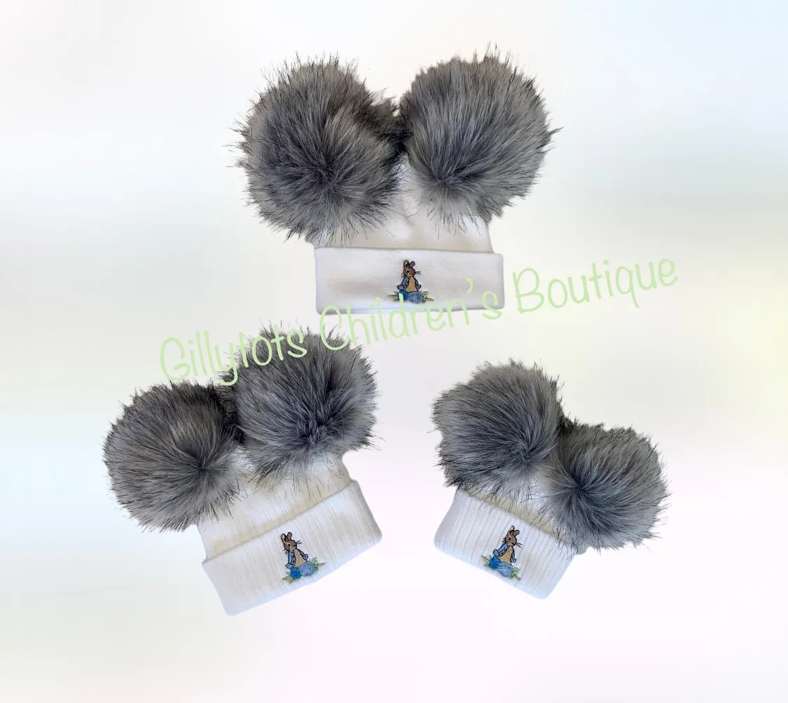 Peter Rabbit Baby Boys luxury faux fur Double Pom Pom Hat - White/ grey poms