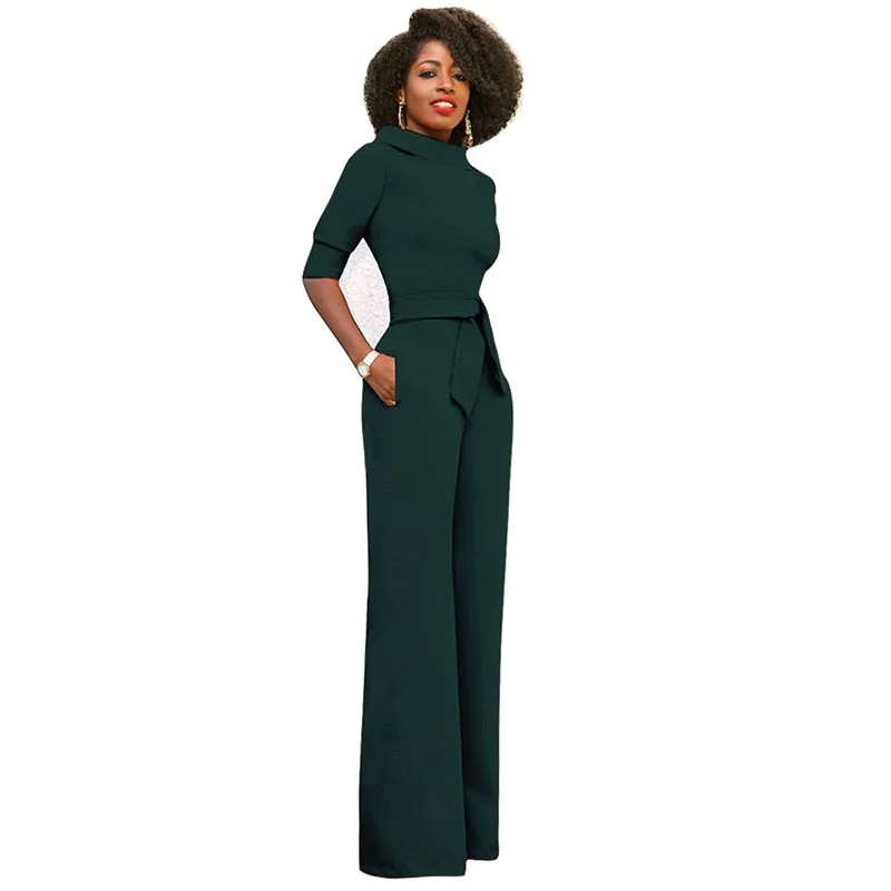Sexy Women Half Sleeve Belt Solid Casual Jumpsuit #Green
