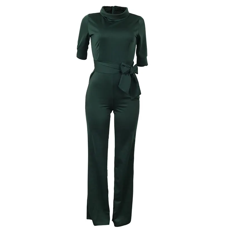 Sexy Women Half Sleeve Belt Solid Casual Jumpsuit #Green
