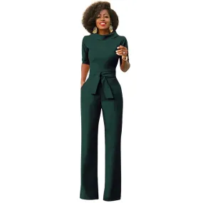 Sexy Women Half Sleeve Belt Solid Casual Jumpsuit #Green