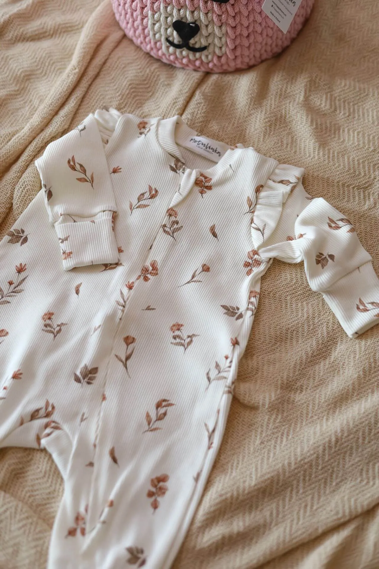 Soft Cotton Ribbed Baby Rompers, Zip Up - Beige Flowers (Newborn -12 months)