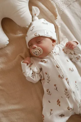 Soft Cotton Ribbed Baby Rompers, Zip Up - Beige Flowers (Newborn -12 months)