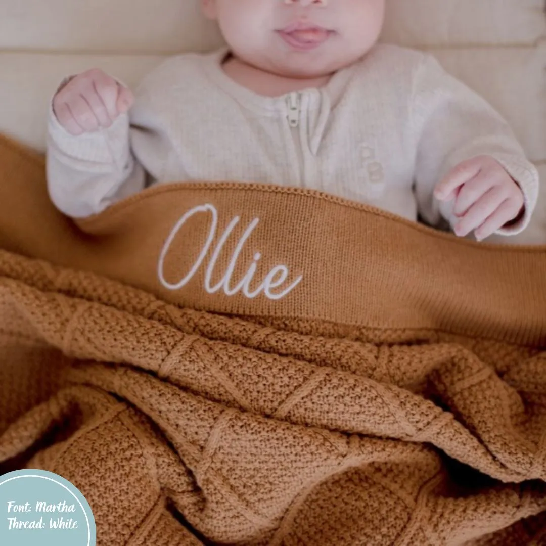 Tan Brown Personalised Diamond Knit Baby Blanket