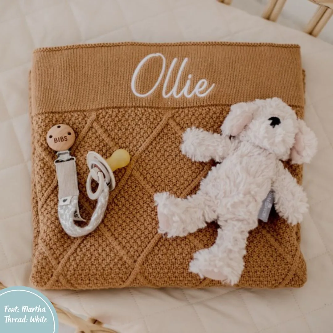 Tan Brown Personalised Diamond Knit Baby Blanket