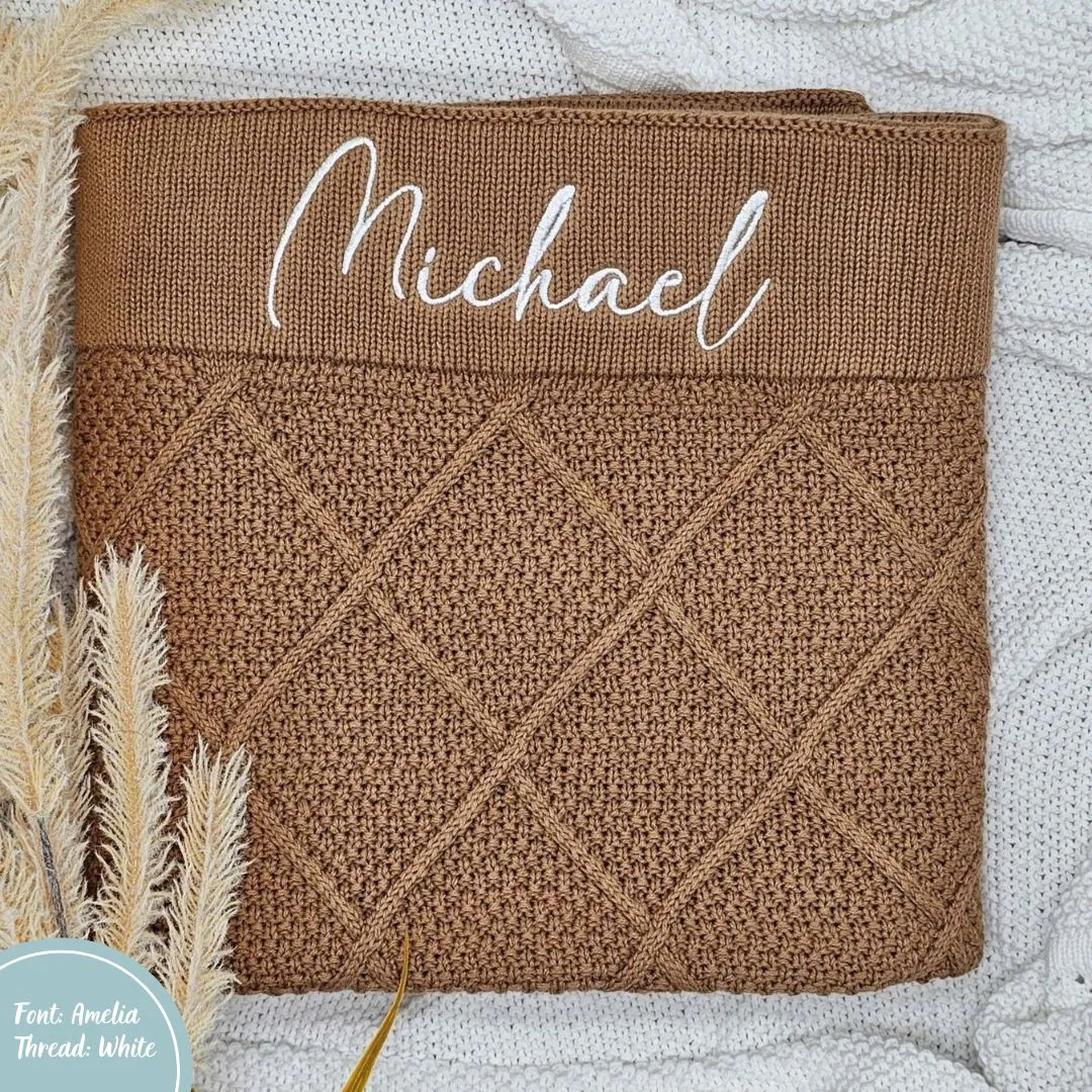 Tan Brown Personalised Diamond Knit Baby Blanket