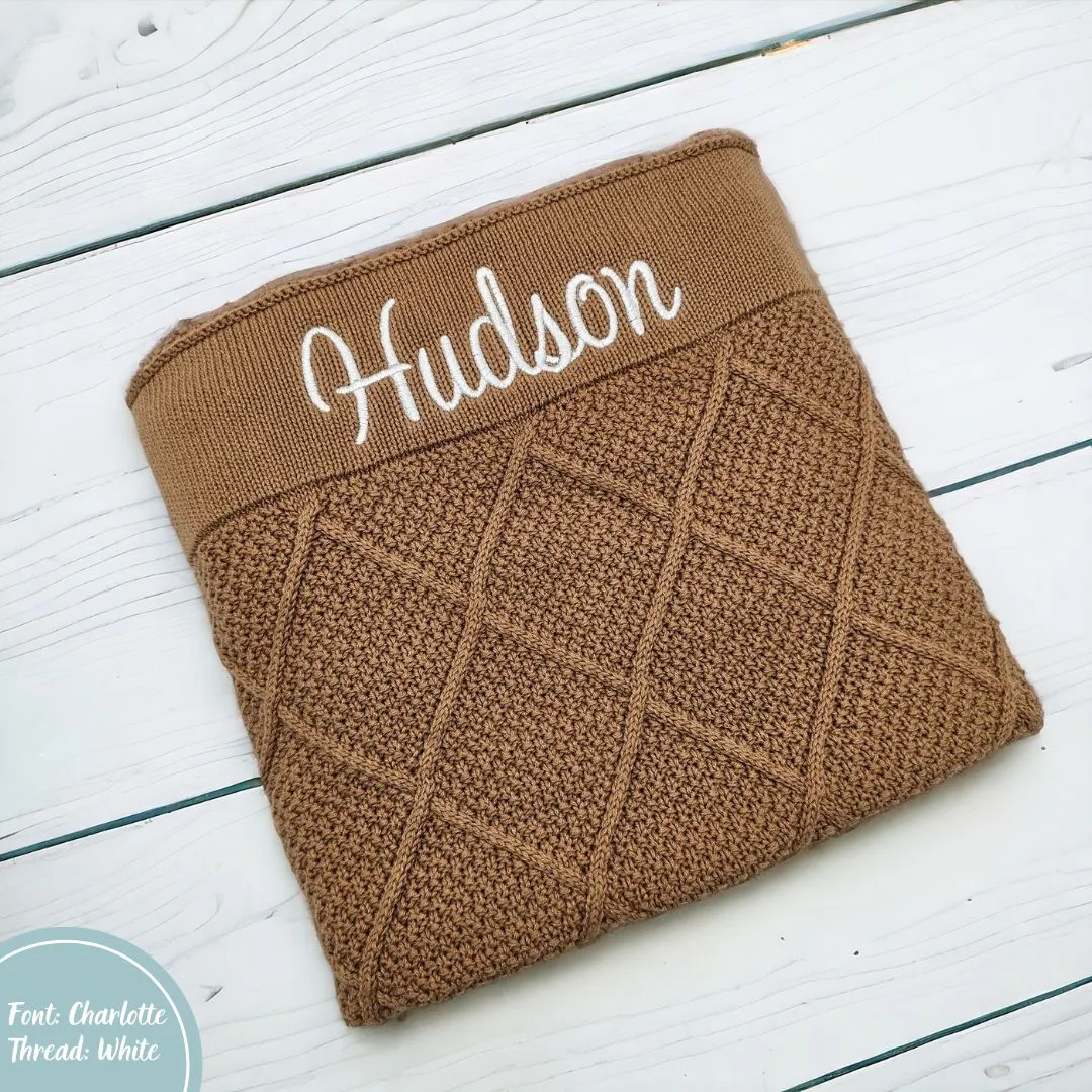 Tan Brown Personalised Diamond Knit Baby Blanket