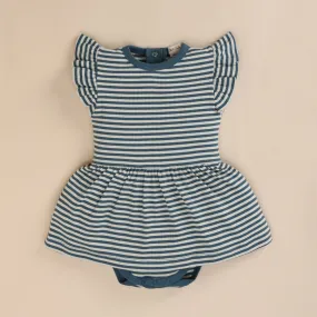 Teal Stripe Organic Short Sleeve Dress With Frill