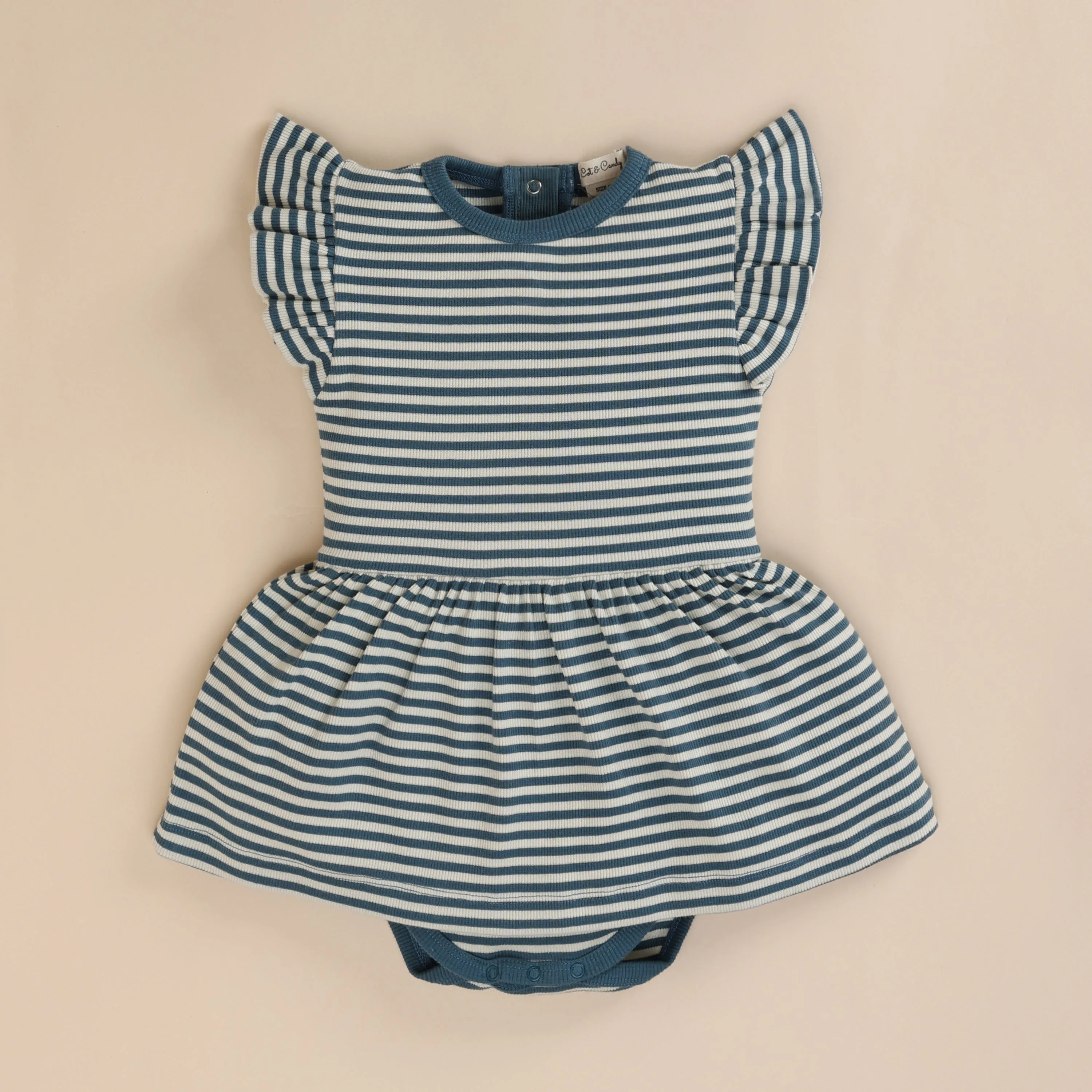 Teal Stripe Organic Short Sleeve Dress With Frill