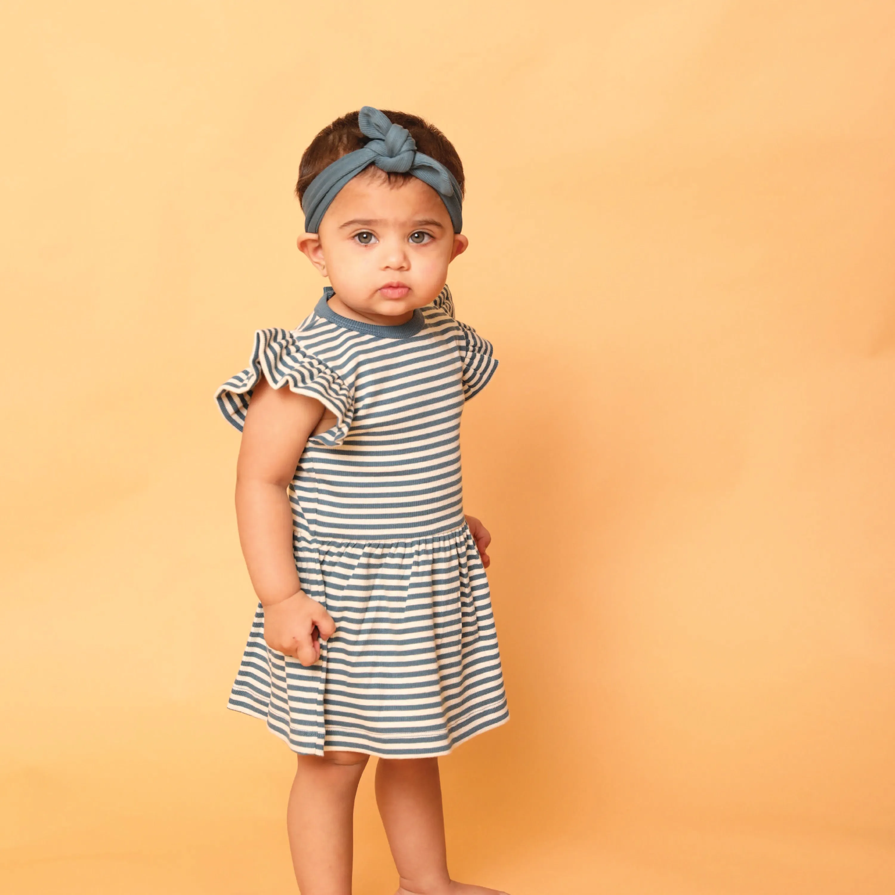 Teal Stripe Organic Short Sleeve Dress With Frill