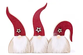 Wooden 3 Santa Gonks with Red Hats Ornament - 24cm